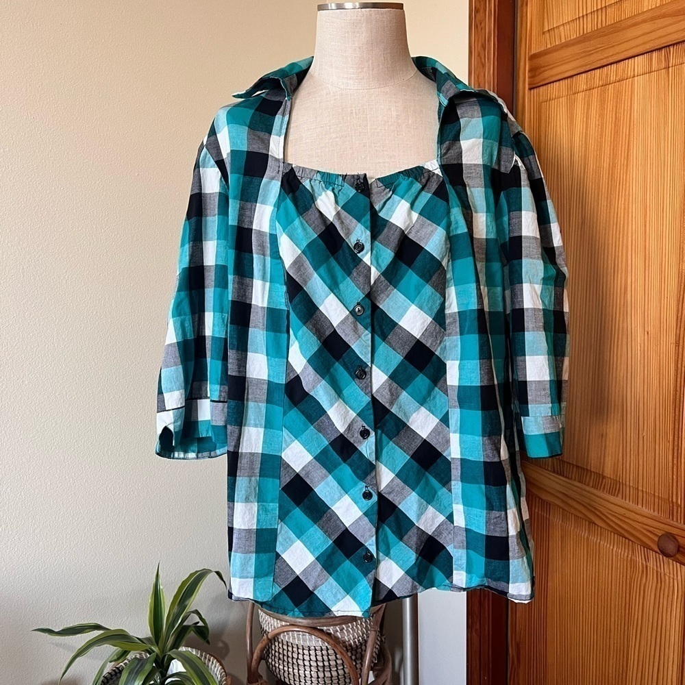 CJ Banks 3X Plaid Shirt Elbow Length Sleeve Button Up Ruffle Casual Square Neck - Picture 3 of 8